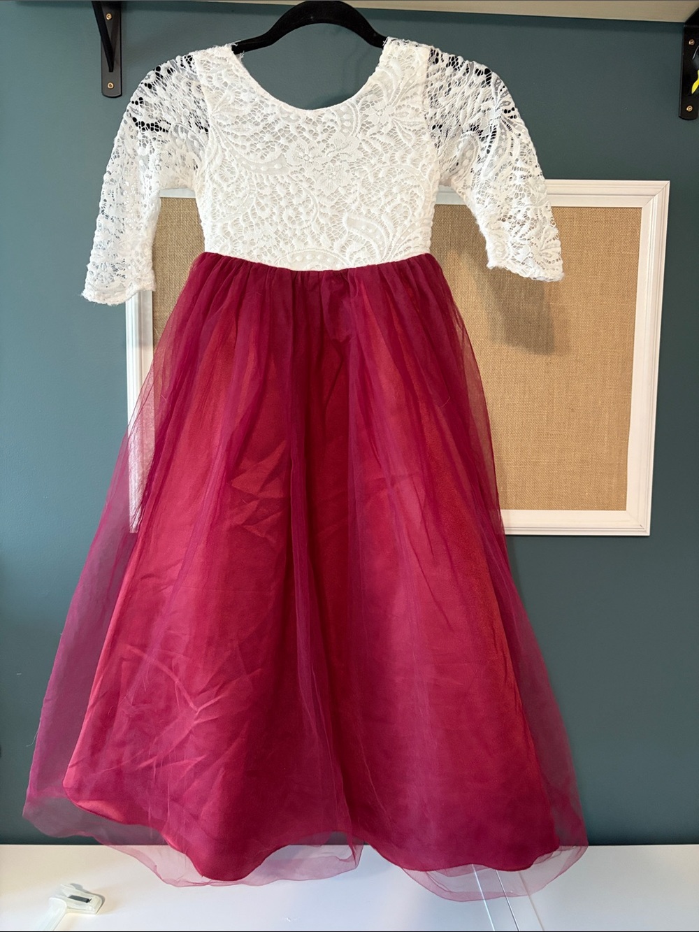 White Lace and Burgundy Tulle Girls' Party Dress